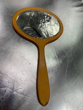 Vintage Bakelite Hand Mirror Monogrammed B Oval Glass Textured Handle